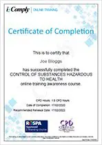 COSHH Training Certificate Example COSHH Training Certificate Example