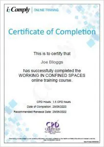 Working in Confined Spaces Certificate Example
