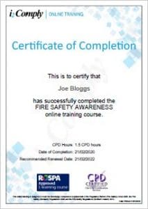 Online workplace Fire Safety Awareness training course certificate