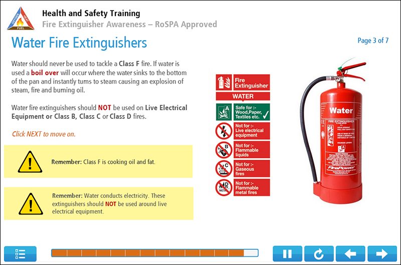 Example Screens on Fire Extinguisher Awareness Training 1