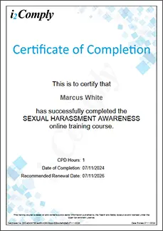 Sexual Harassment Example Certificate